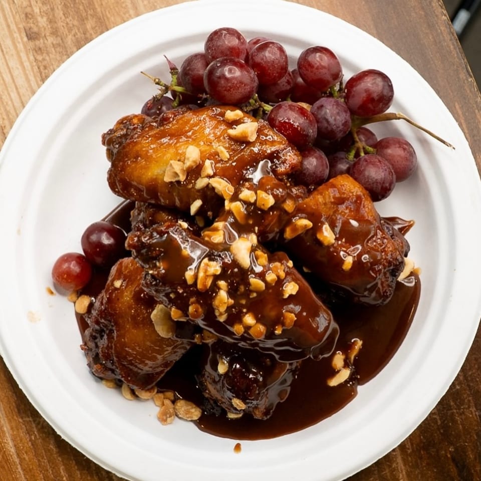 King's Chicken Wings, glazed with sauce and peanuts, served with red grapes on a white plate.