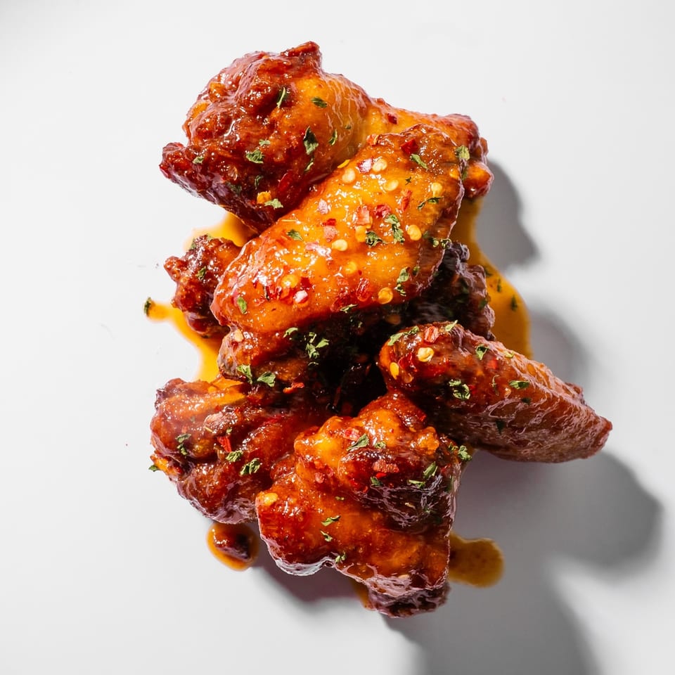 King's Chicken Wings: a pile of glossy, saucy chicken wings with chili flakes and herbs.